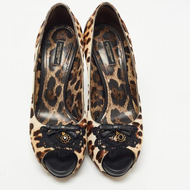Pre Owned Dolce & Gabbana Beige/Brown Leopard Print Pony Hair Bow Peep Toe Pumps Size 40