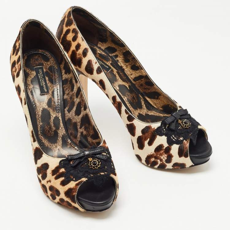 Pre Owned Dolce & Gabbana Beige/Brown Leopard Print Pony Hair Bow Peep Toe Pumps Size 40