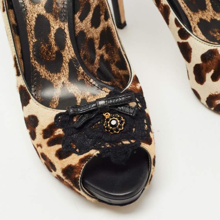 Pre Owned Dolce & Gabbana Beige/Brown Leopard Print Pony Hair Bow Peep Toe Pumps Size 40