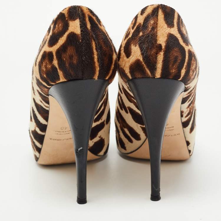 Pre Owned Dolce & Gabbana Beige/Brown Leopard Print Pony Hair Bow Peep Toe Pumps Size 40
