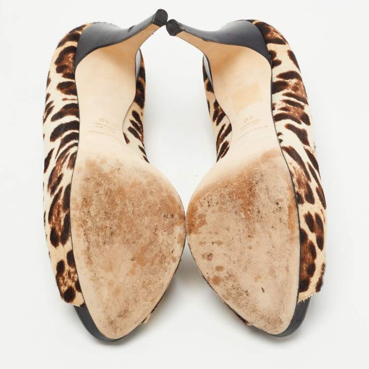 Pre Owned Dolce & Gabbana Beige/Brown Leopard Print Pony Hair Bow Peep Toe Pumps Size 40