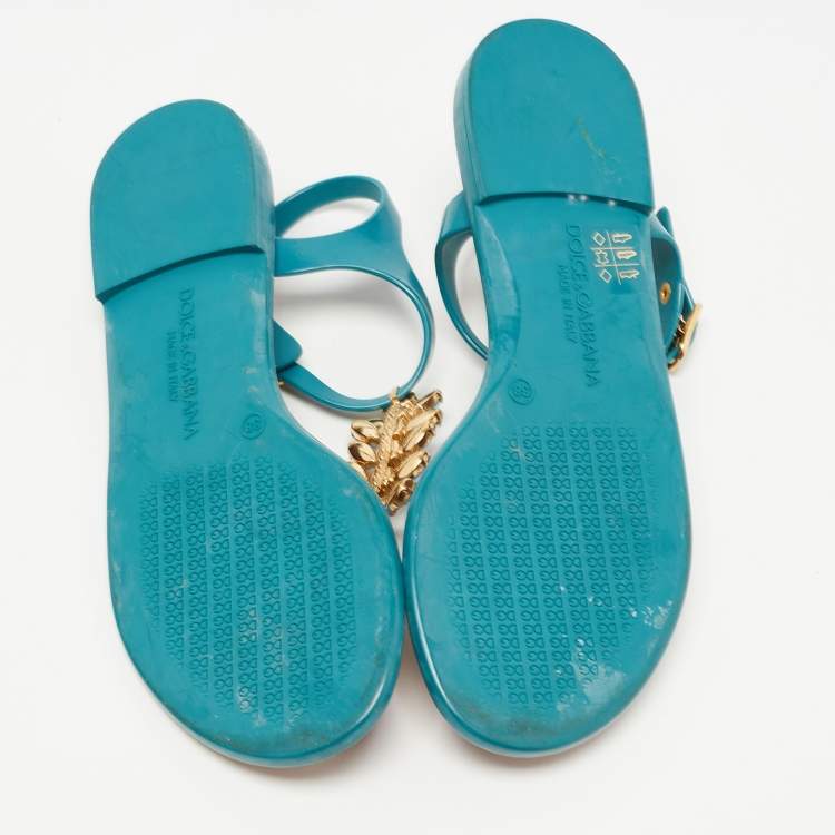 Pre Owned Dolce & Gabbana Teal Rubber Crystal Embellished Thong Flat Sandals Size 38