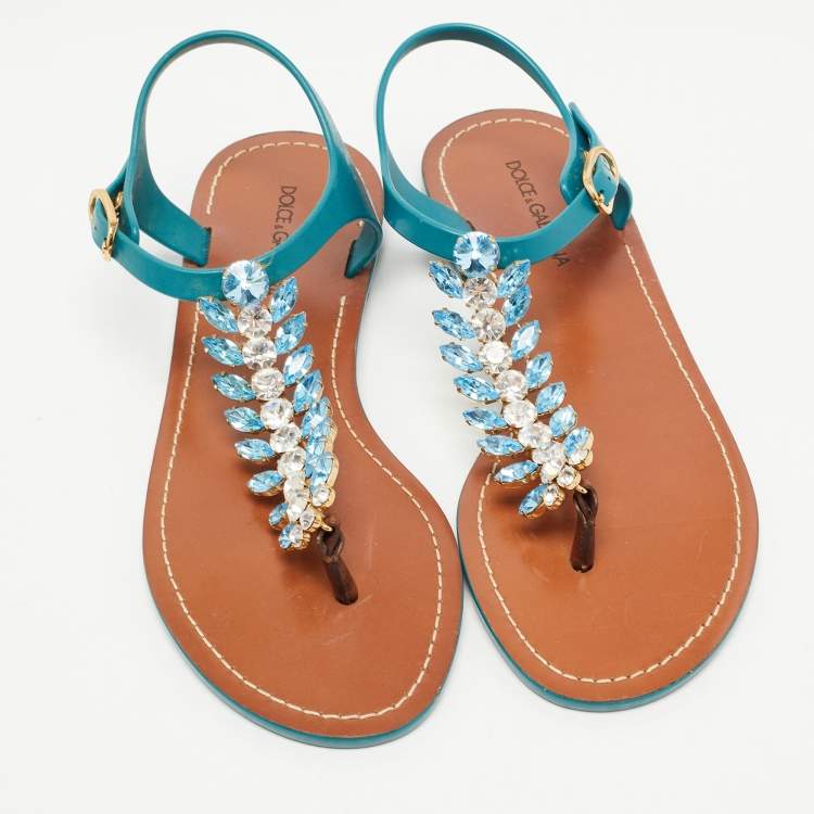 Pre Owned Dolce & Gabbana Teal Rubber Crystal Embellished Thong Flat Sandals Size 38