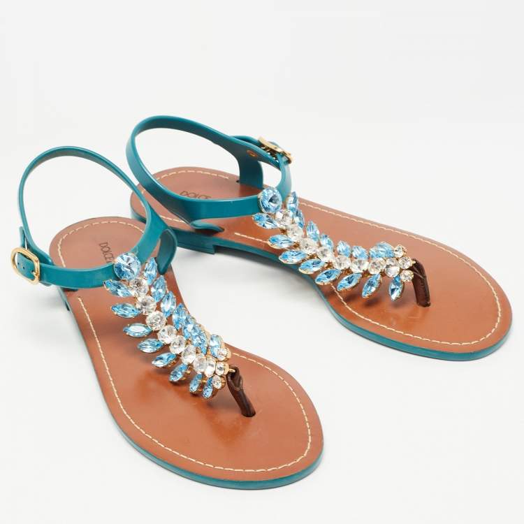 Pre Owned Dolce & Gabbana Teal Rubber Crystal Embellished Thong Flat Sandals Size 38