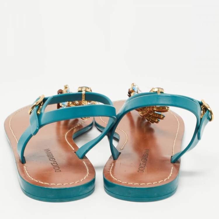 Pre Owned Dolce & Gabbana Teal Rubber Crystal Embellished Thong Flat Sandals Size 38