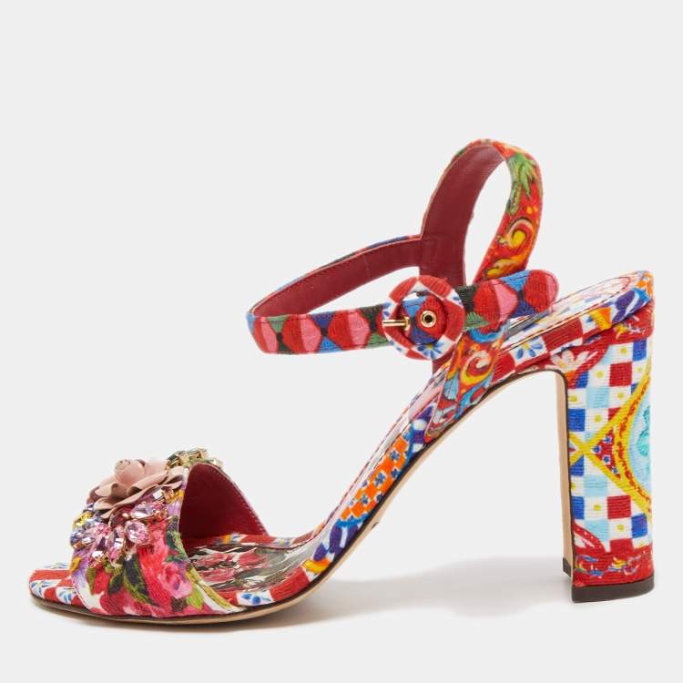 مملوكة مسبقًا Dolce & Gabbana Multicolor Printed Fabric Crystal Embellished and Flower Ankle Strap Sandals Size 40
