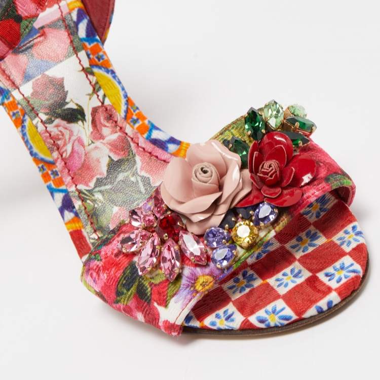 مملوكة مسبقًا Dolce & Gabbana Multicolor Printed Fabric Crystal Embellished and Flower Ankle Strap Sandals Size 40