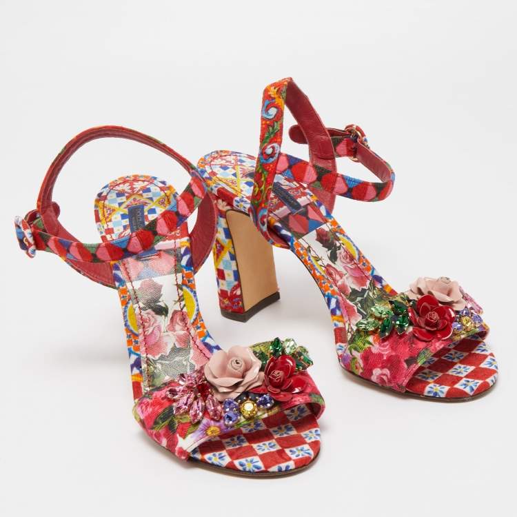 مملوكة مسبقًا Dolce & Gabbana Multicolor Printed Fabric Crystal Embellished and Flower Ankle Strap Sandals Size 40