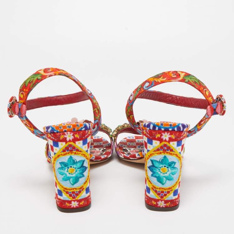 مملوكة مسبقًا Dolce & Gabbana Multicolor Printed Fabric Crystal Embellished and Flower Ankle Strap Sandals Size 40