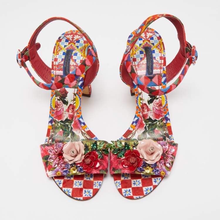 مملوكة مسبقًا Dolce & Gabbana Multicolor Printed Fabric Crystal Embellished and Flower Ankle Strap Sandals Size 40