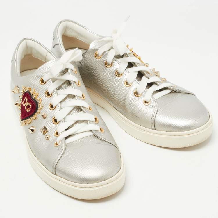 Pre Owned Dolce & Gabbana Silver Leather DG Heart Low Top Sneakers Size 36