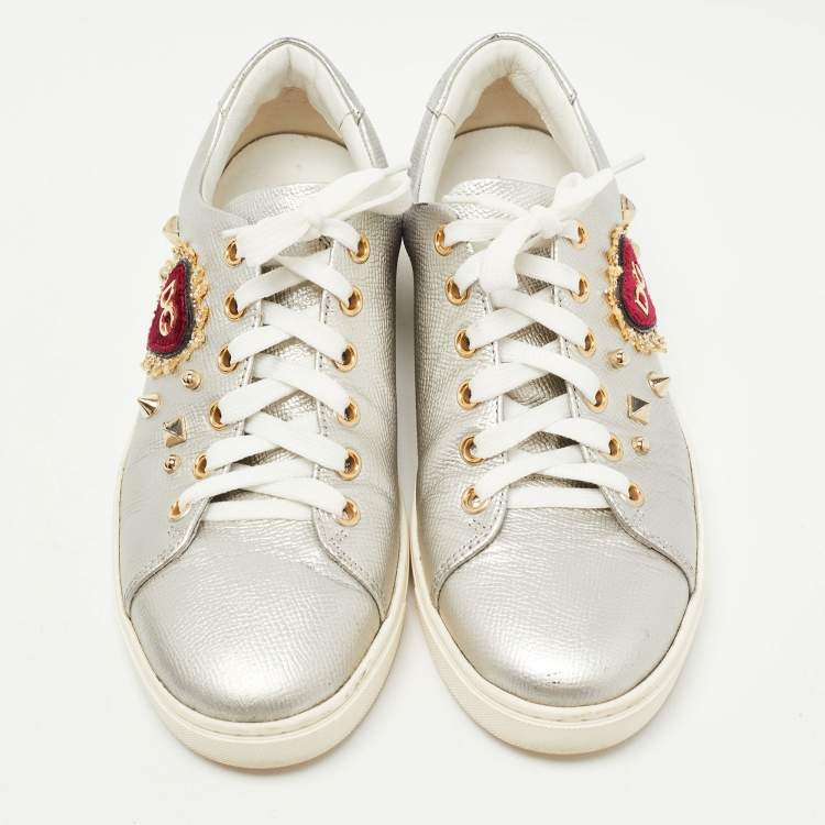 Pre Owned Dolce & Gabbana Silver Leather DG Heart Low Top Sneakers Size 36