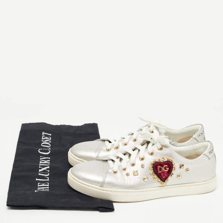 Pre Owned Dolce & Gabbana Silver Leather DG Heart Low Top Sneakers Size 36