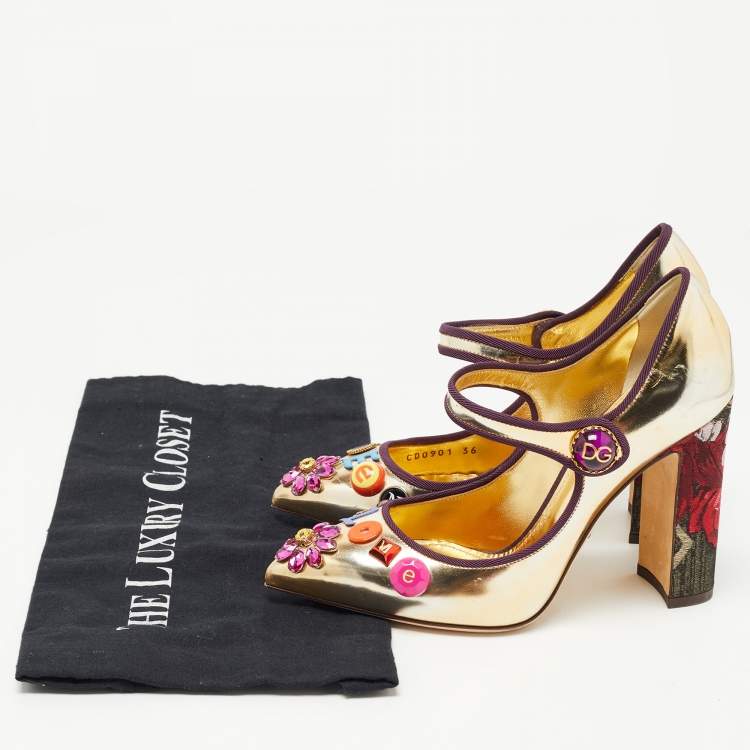 Pre Owned Dolce & Gabbana Gold Leather Embellished Mary Jane Pumps Size 36