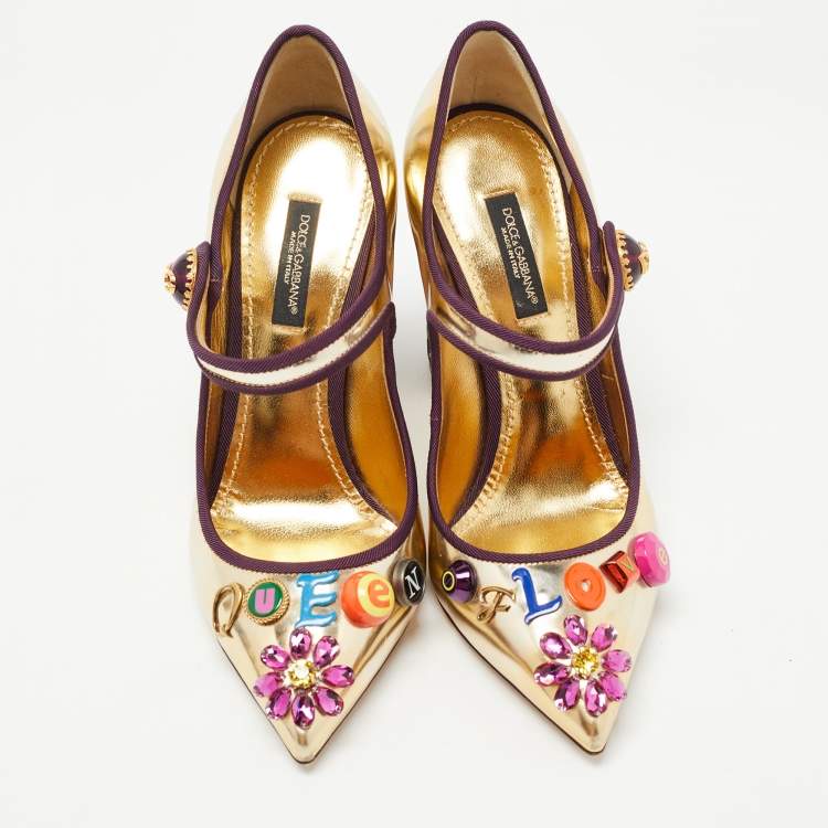 Pre Owned Dolce & Gabbana Gold Leather Embellished Mary Jane Pumps Size 36