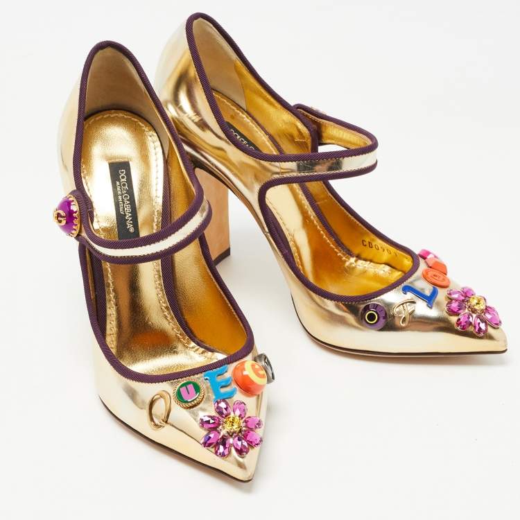 Pre Owned Dolce & Gabbana Gold Leather Embellished Mary Jane Pumps Size 36