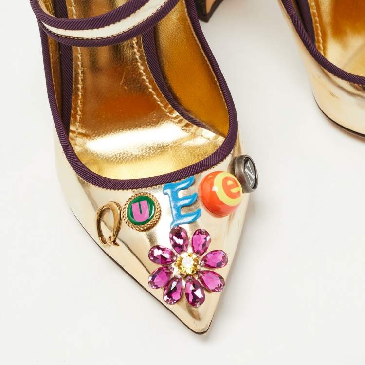 Pre Owned Dolce & Gabbana Gold Leather Embellished Mary Jane Pumps Size 36