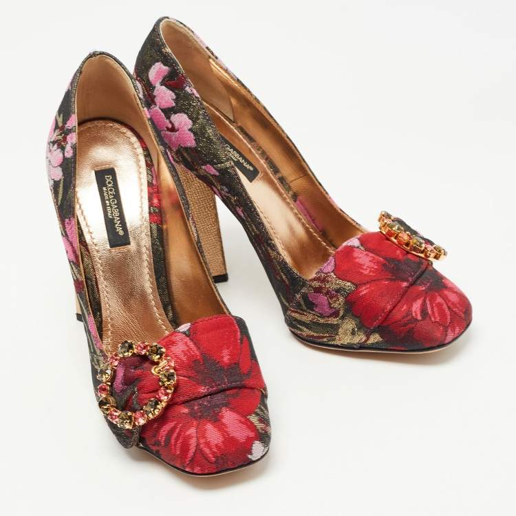 Pre Owned Dolce & Gabbana Multicolor Floral Brocade Fabric Crystal Embellished Block Heel Pumps Size 36