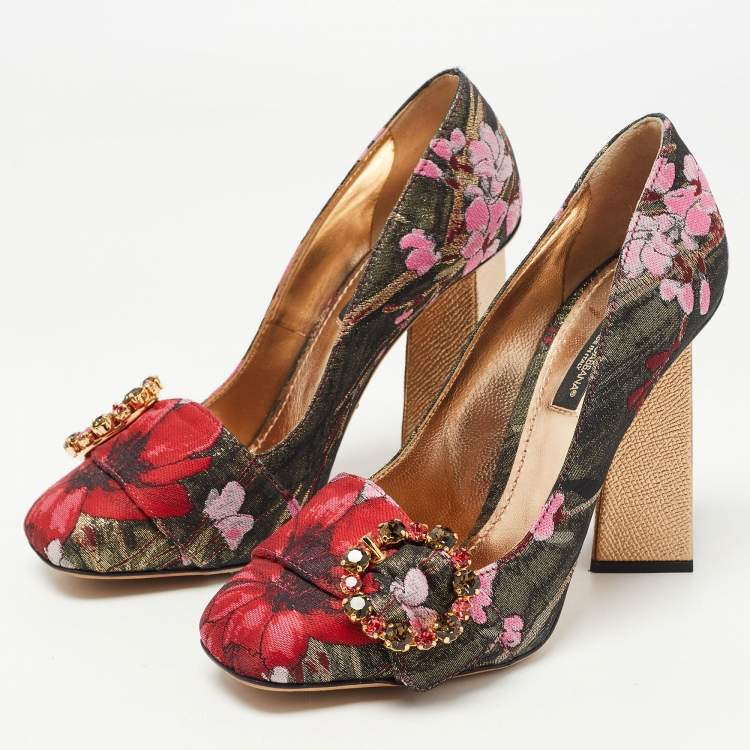 Pre Owned Dolce & Gabbana Multicolor Floral Brocade Fabric Crystal Embellished Block Heel Pumps Size 36