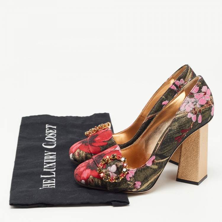 Pre Owned Dolce & Gabbana Multicolor Floral Brocade Fabric Crystal Embellished Block Heel Pumps Size 36