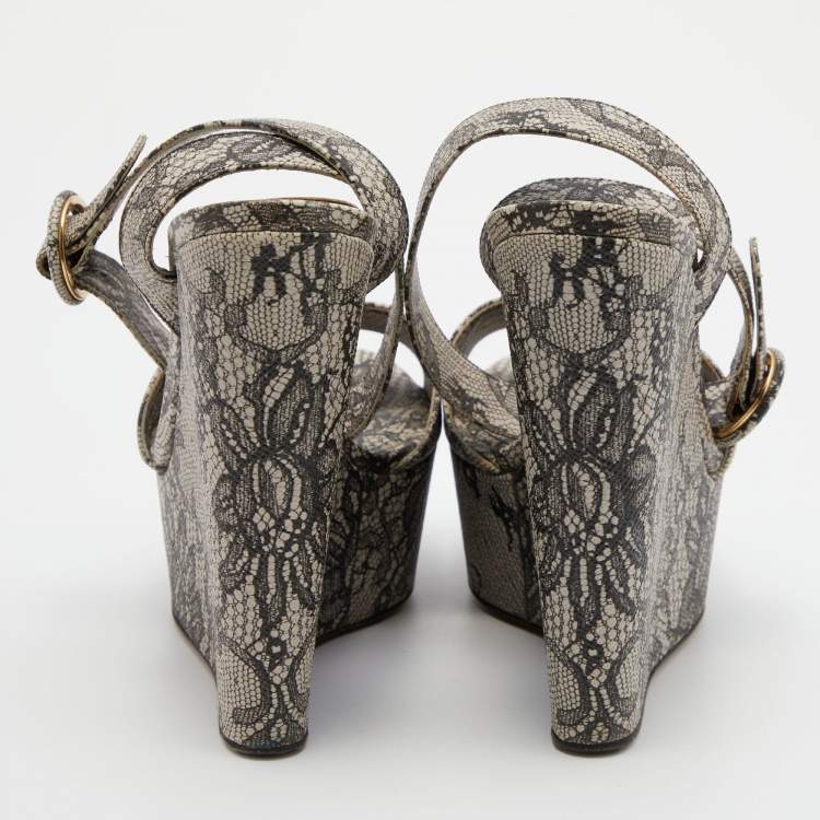 Pre Owned Dolce & Gabbana Black/White Chantilly Lace Printed Wedge Sandals Size 38.5