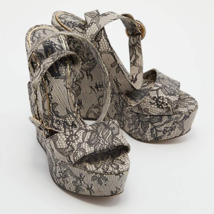 Pre Owned Dolce & Gabbana Black/White Chantilly Lace Printed Wedge Sandals Size 38.5