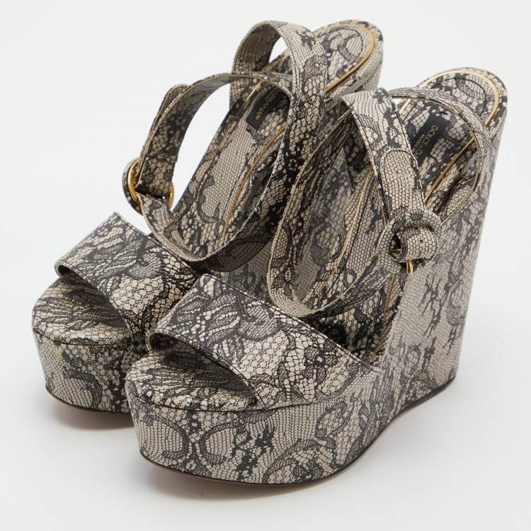 Pre Owned Dolce & Gabbana Black/White Chantilly Lace Printed Wedge Sandals Size 38.5