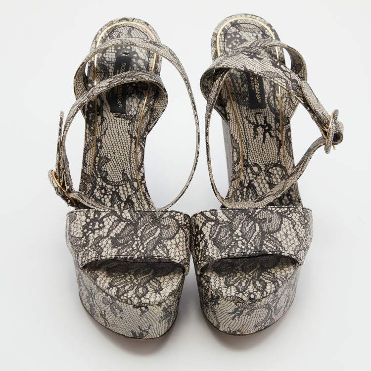 Pre Owned Dolce & Gabbana Black/White Chantilly Lace Printed Wedge Sandals Size 38.5