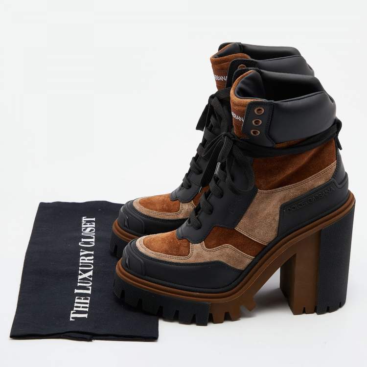 Pre Owned Dolce & Gabbana Black/Brown Leather and Suede Combat Boots Size 40