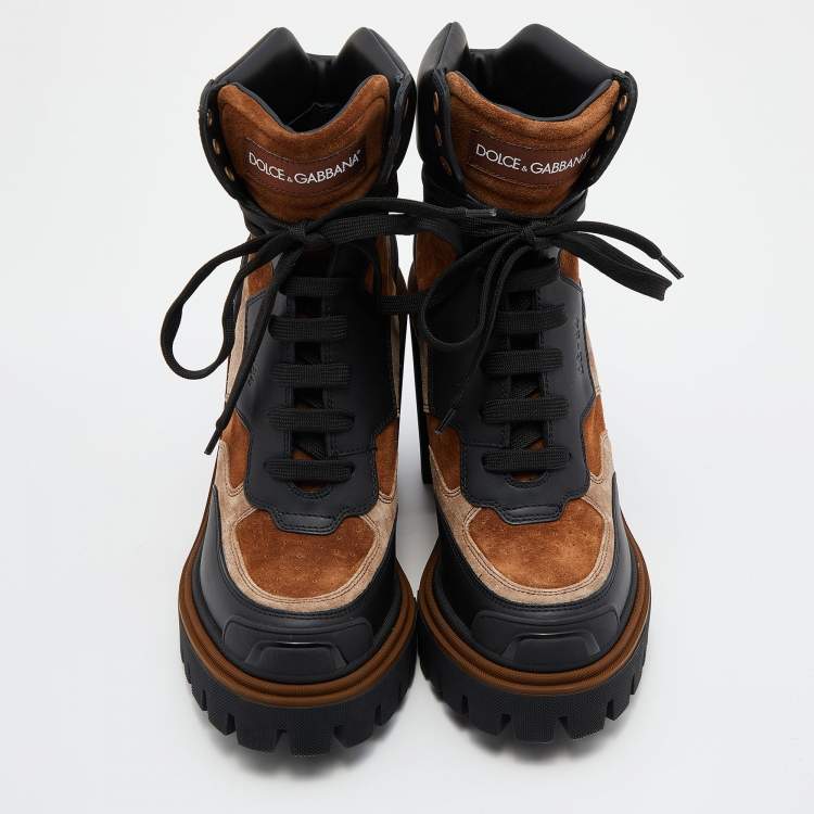 Pre Owned Dolce & Gabbana Black/Brown Leather and Suede Combat Boots Size 40