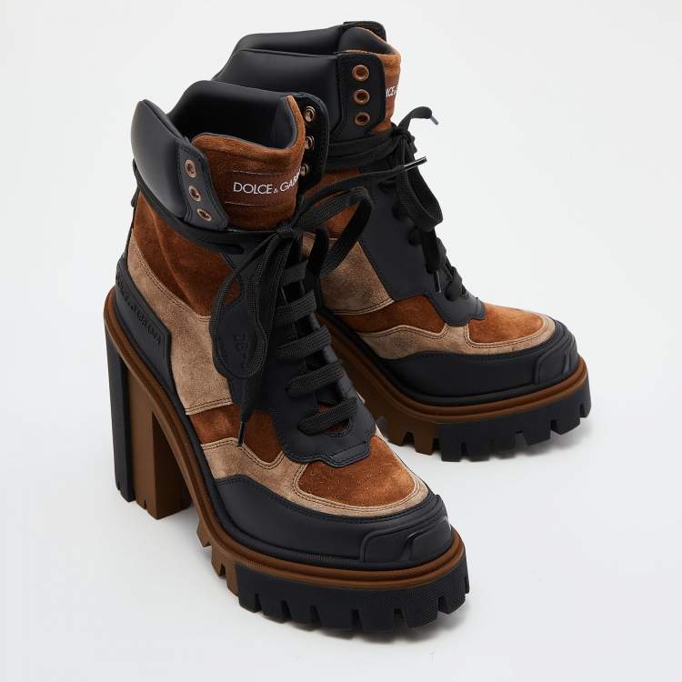 Pre Owned Dolce & Gabbana Black/Brown Leather and Suede Combat Boots Size 40