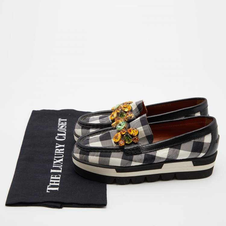 Pre Owned Dolce & Gabbana Black/White Stripe Lurex Fabric and Leather Crystal Embellished Loafers Size 36