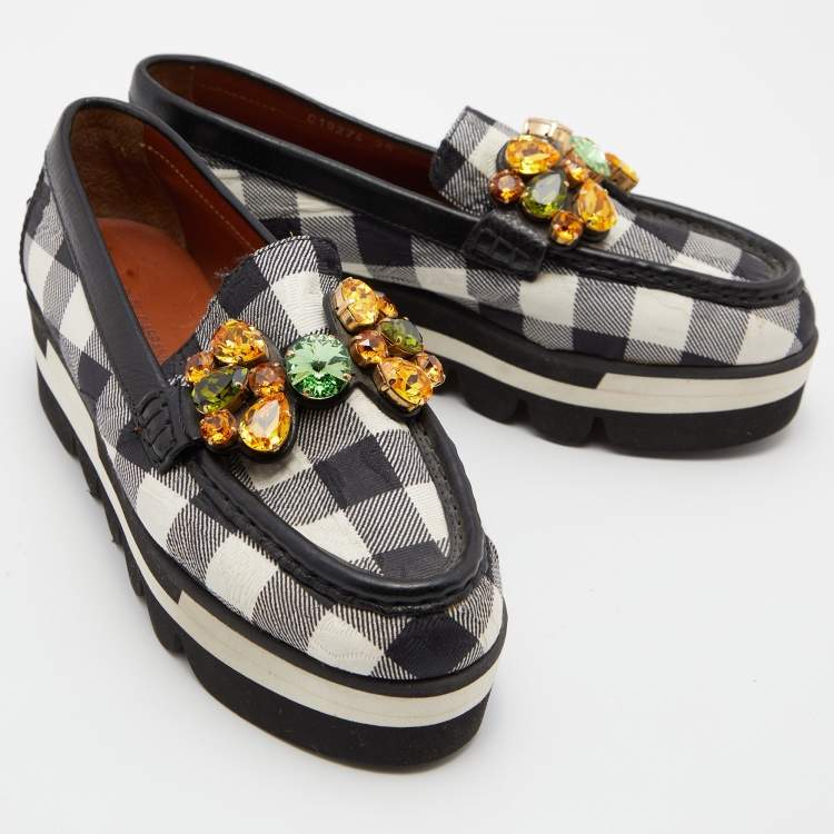Pre Owned Dolce & Gabbana Black/White Stripe Lurex Fabric and Leather Crystal Embellished Loafers Size 36