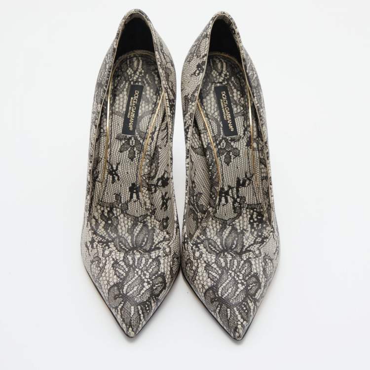Pre Owned Dolce & Gabbana Black/White Lace Print Pointed Toe Pumps Size 38.5