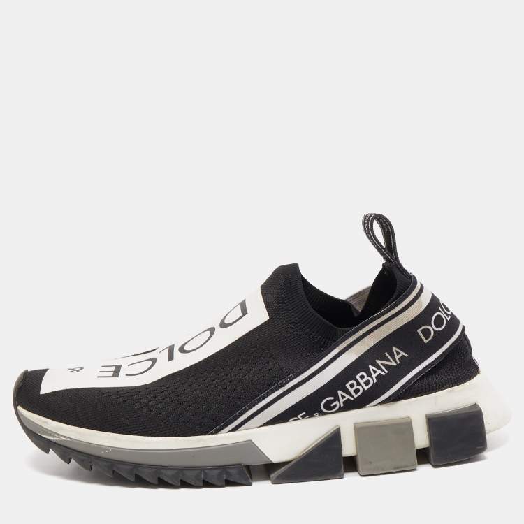 Pre Owned Dolce & Gabbana Black/White Logo Print Knit Fabric Sorrento Sneakers Size 37.5