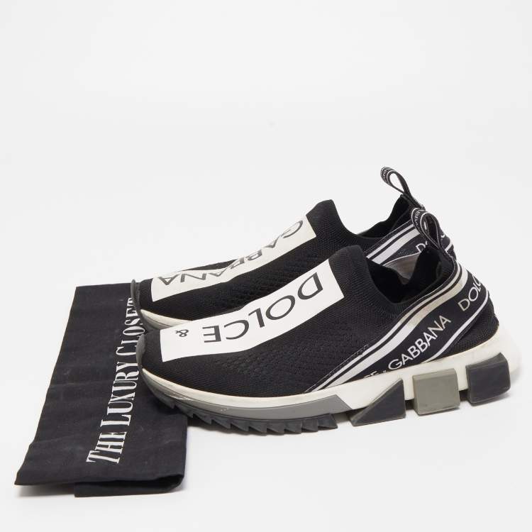 Pre Owned Dolce & Gabbana Black/White Logo Print Knit Fabric Sorrento Sneakers Size 37.5