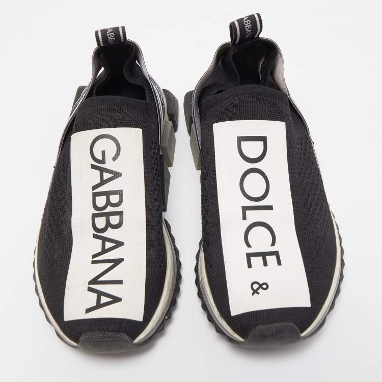 Pre Owned Dolce & Gabbana Black/White Logo Print Knit Fabric Sorrento Sneakers Size 37.5