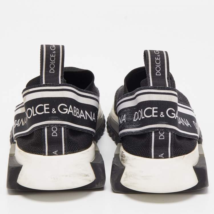 Pre Owned Dolce & Gabbana Black/White Logo Print Knit Fabric Sorrento Sneakers Size 37.5