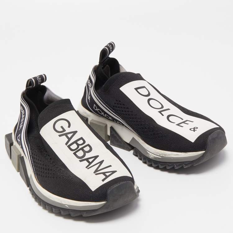 Pre Owned Dolce & Gabbana Black/White Logo Print Knit Fabric Sorrento Sneakers Size 37.5