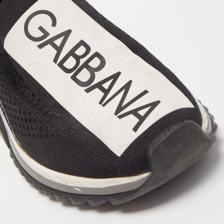 Pre Owned Dolce & Gabbana Black/White Logo Print Knit Fabric Sorrento Sneakers Size 37.5