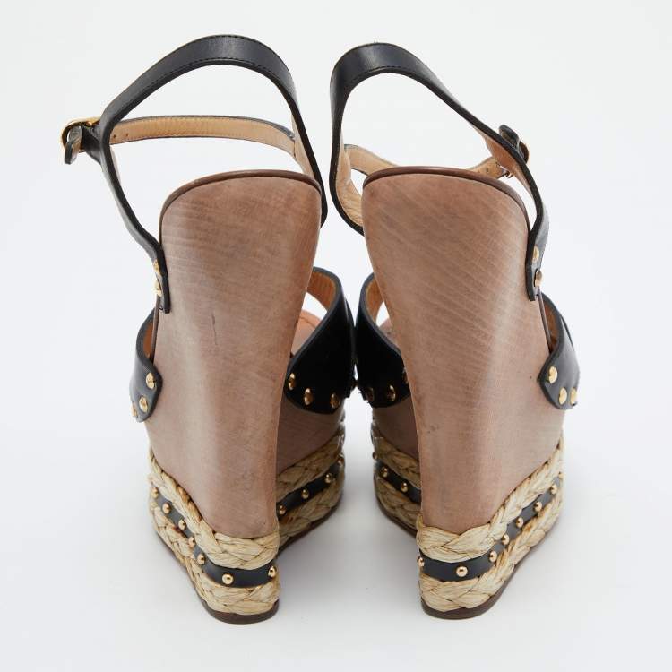Pre Owned Dolce & Gabbana Black Leather and Raffia Wooden Platform Wedge Sandals Size 37