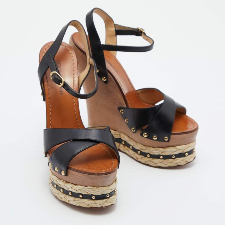 Pre Owned Dolce & Gabbana Black Leather and Raffia Wooden Platform Wedge Sandals Size 37