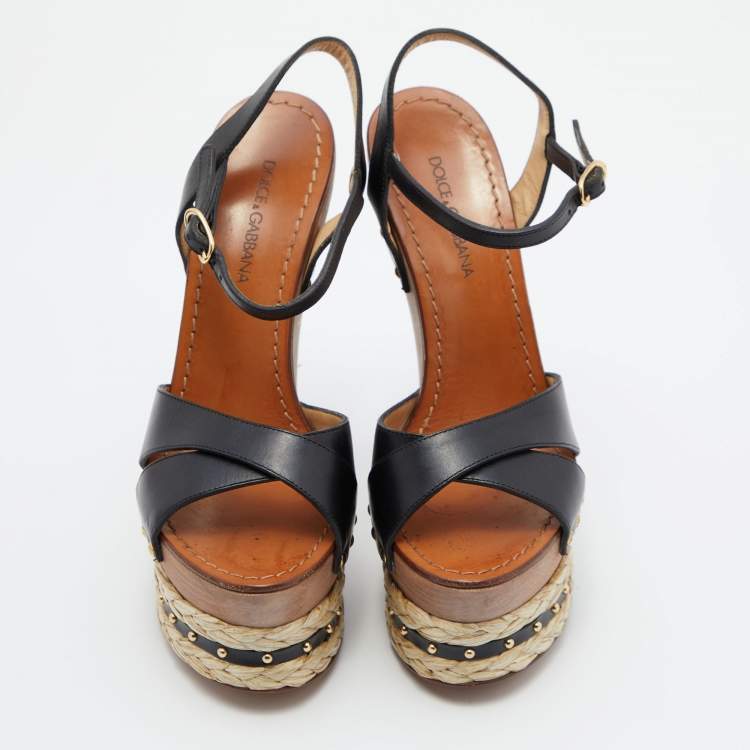 Pre Owned Dolce & Gabbana Black Leather and Raffia Wooden Platform Wedge Sandals Size 37