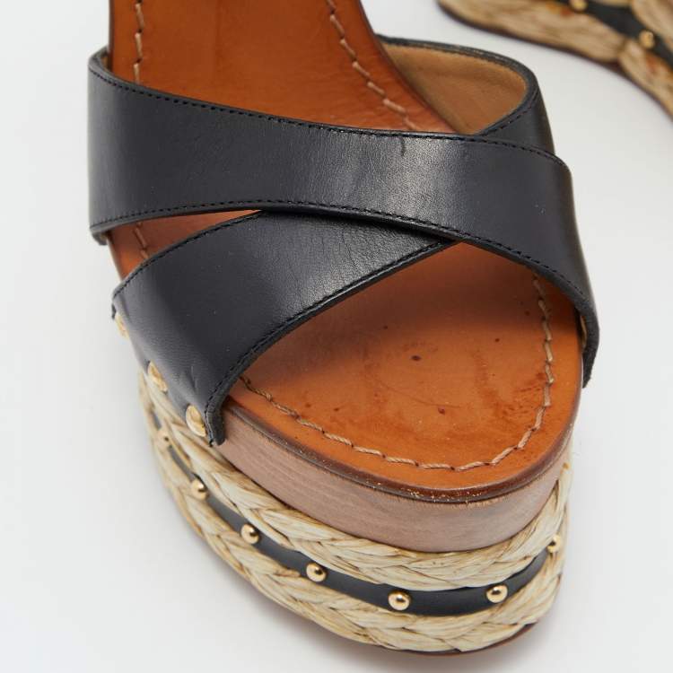 Pre Owned Dolce & Gabbana Black Leather and Raffia Wooden Platform Wedge Sandals Size 37
