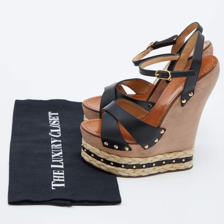 Pre Owned Dolce & Gabbana Black Leather and Raffia Wooden Platform Wedge Sandals Size 37