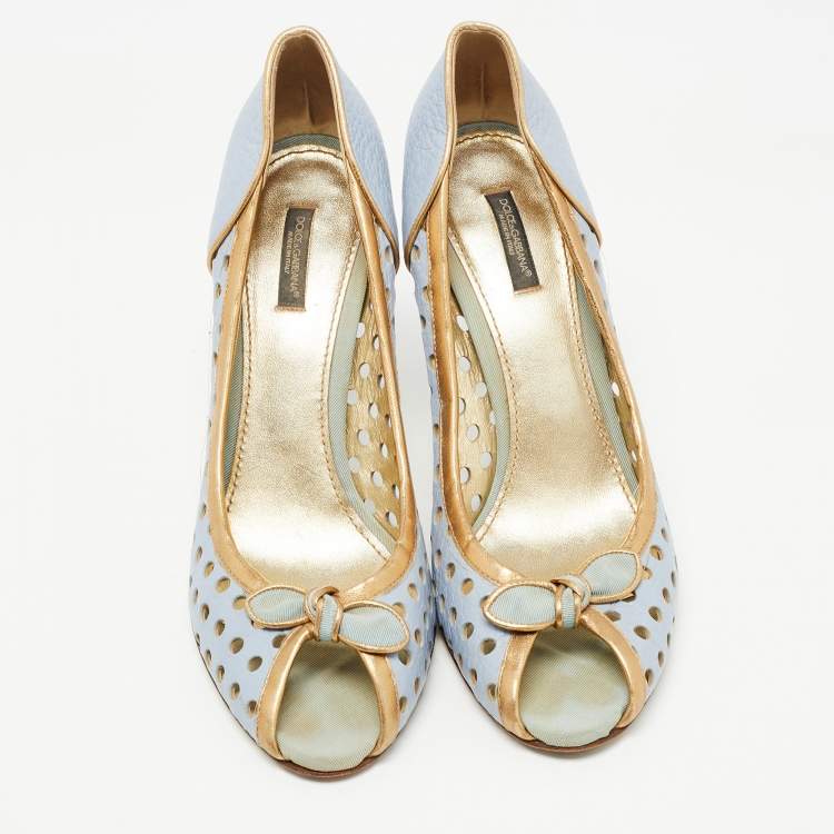 Pre Owned Dolce & Gabbana Blue/Gold Perforated Leather Bow Detail Peep Toe Pumps Size 41.5