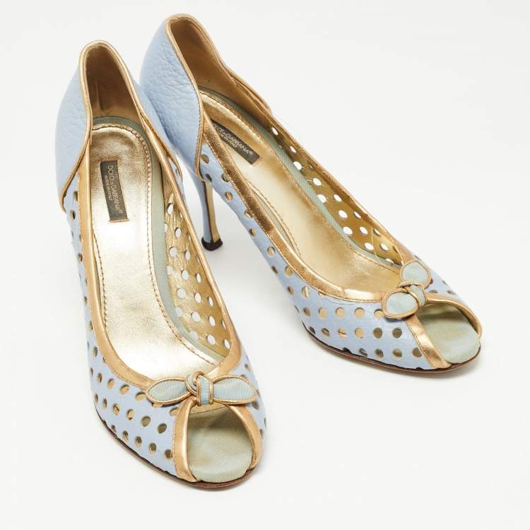 Pre Owned Dolce & Gabbana Blue/Gold Perforated Leather Bow Detail Peep Toe Pumps Size 41.5