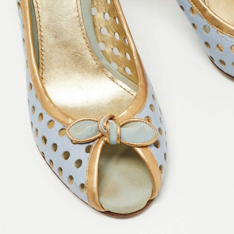 Pre Owned Dolce & Gabbana Blue/Gold Perforated Leather Bow Detail Peep Toe Pumps Size 41.5