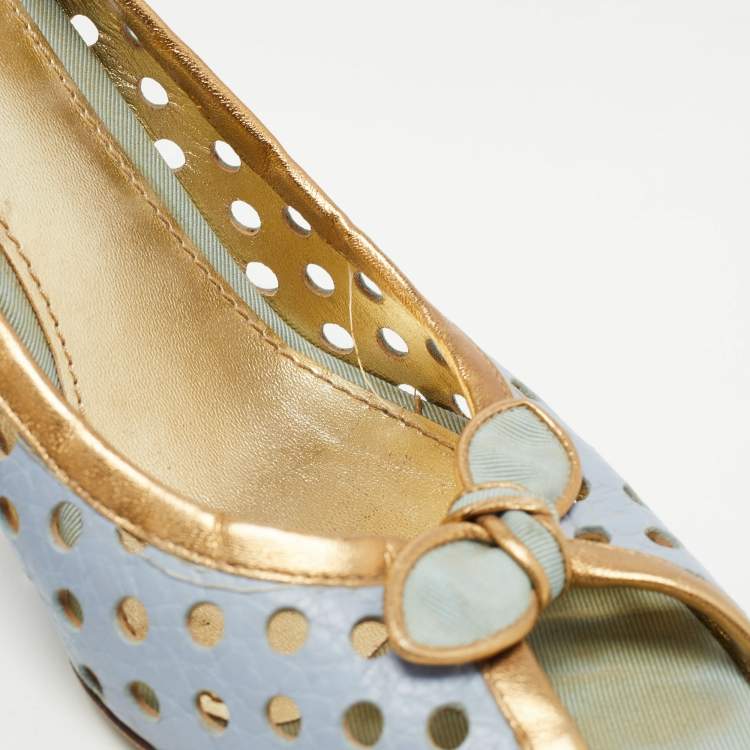 Pre Owned Dolce & Gabbana Blue/Gold Perforated Leather Bow Detail Peep Toe Pumps Size 41.5