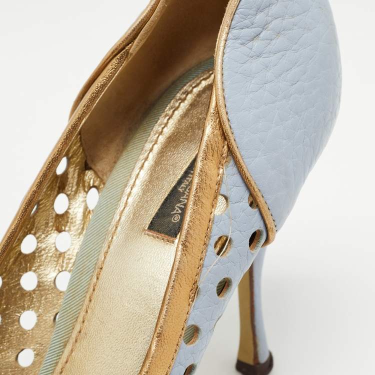 Pre Owned Dolce & Gabbana Blue/Gold Perforated Leather Bow Detail Peep Toe Pumps Size 41.5